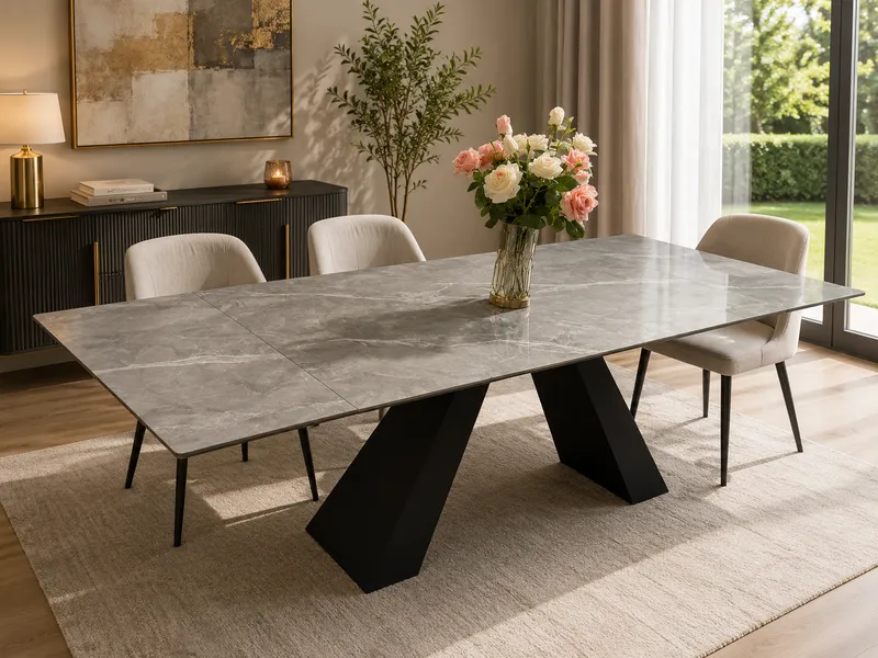 Table avec rallonges plateau céramique gris – 160 cm extensible (2 rallonges de 40 cm) x 90 x 75 cm
