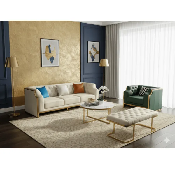 Salon luxe fauteuil vert + canapé 3 places blanc, repose-pieds