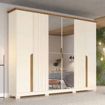 Armoire 6 portes avec 2 miroirs coloris beige et bois – 286×52×291 cm – ARM-D308-129