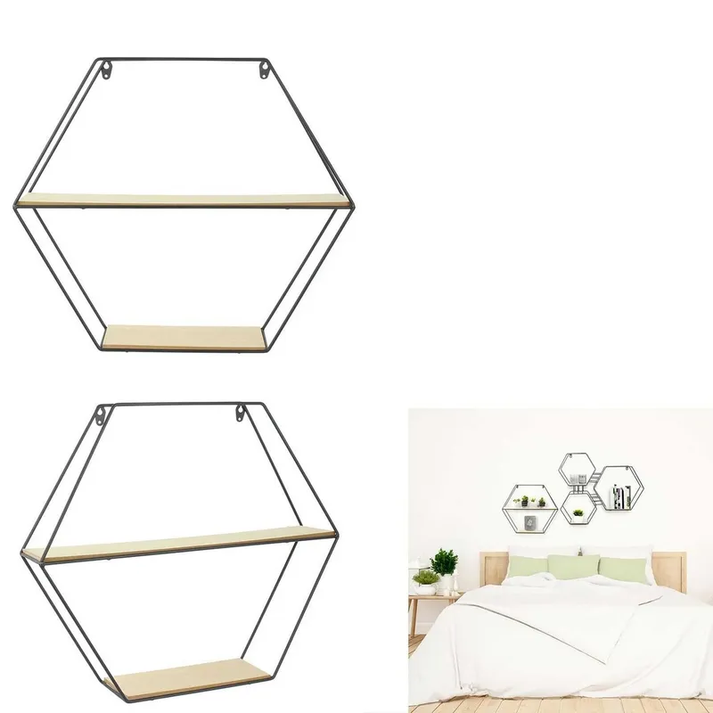 Etagere bois metal hexagonale 46X10X40CM