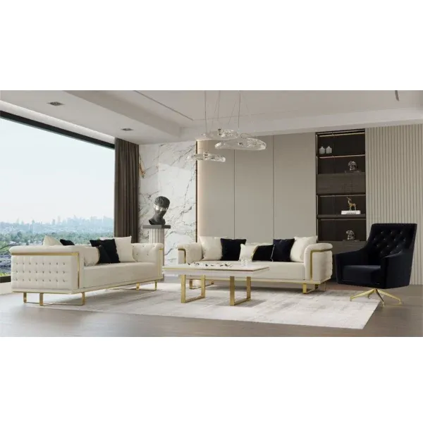 Salon Vanesa 3+3+1 beige doré et noir