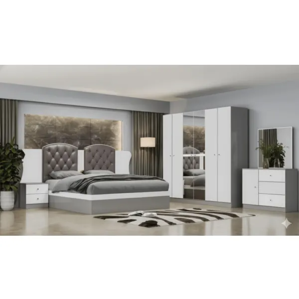Chambre à coucher complète : lit 160, 2 chevets, coiffeuse et armoire 6 portes