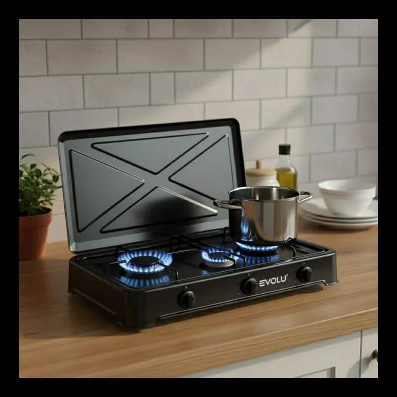 Réchaud à gaz Evolu 3 feux avec couvercle – Noir