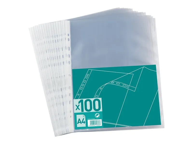 Lot de 100 pochettes perforées A4 PP 40µ grainées transparentes