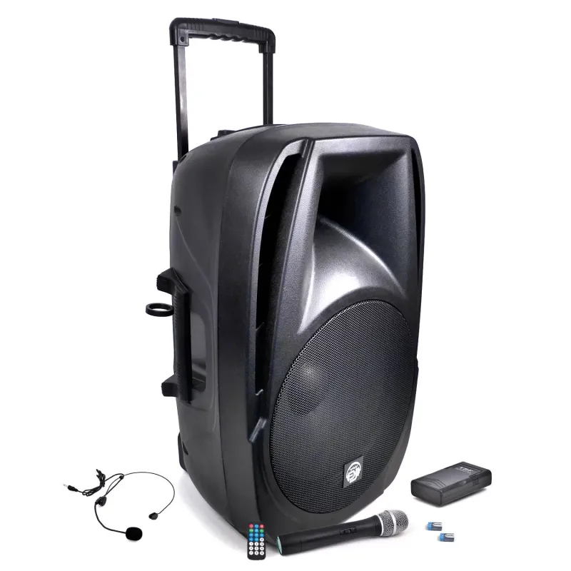Enceinte mobile DJ 900W 15″/38cm batterie Bluetooth USB/SD + 2 micros
