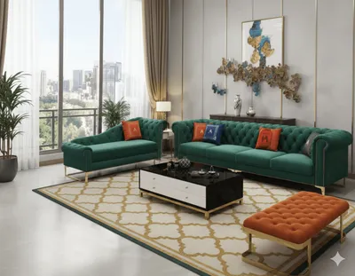 Salon canapé 3 places + canapé 4 places + repose-pied – tissu vert et orange – 180 × 86 × 85 cm – SALON-8022VERT