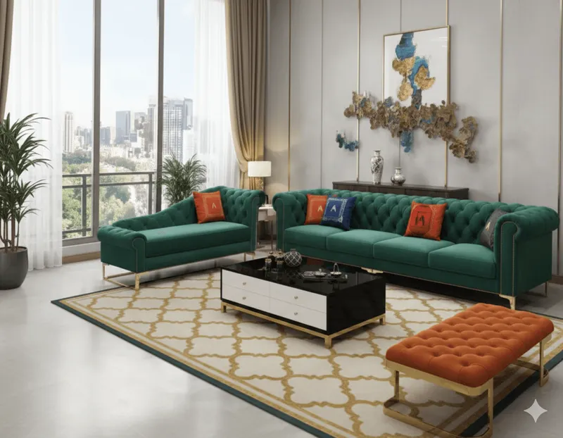 Salon canapé 3 places + canapé 4 places + repose-pied – tissu vert et orange – 180 × 86 × 85 cm – SALON-8022VERT