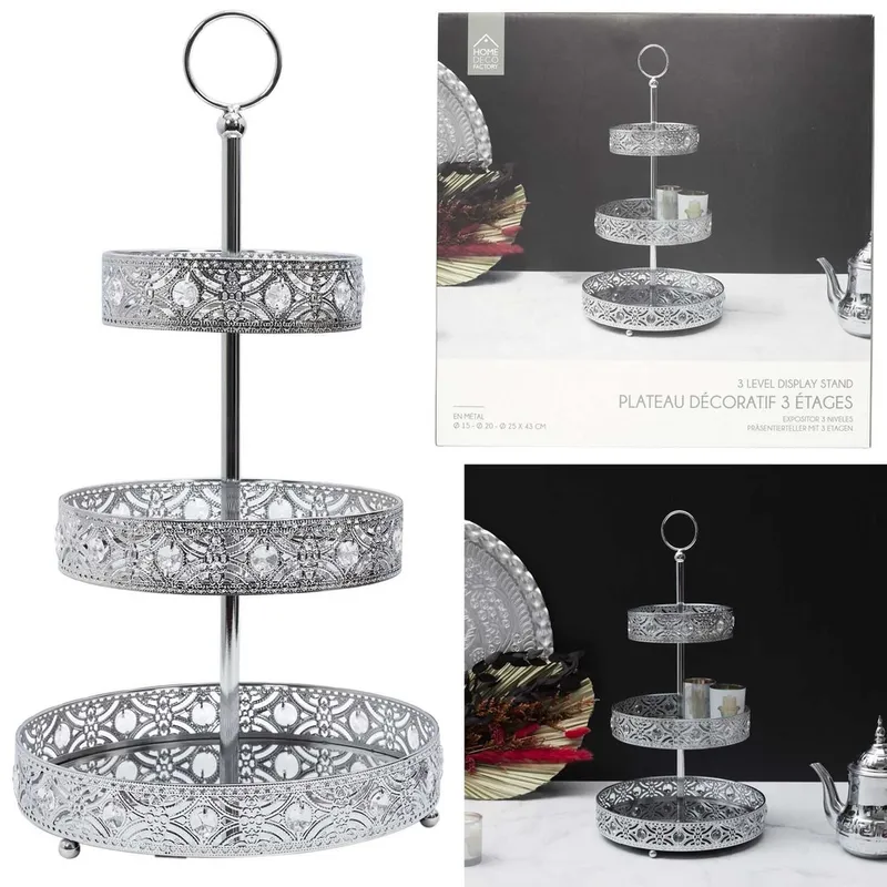 Plateau decoratif metal argente 3 etages