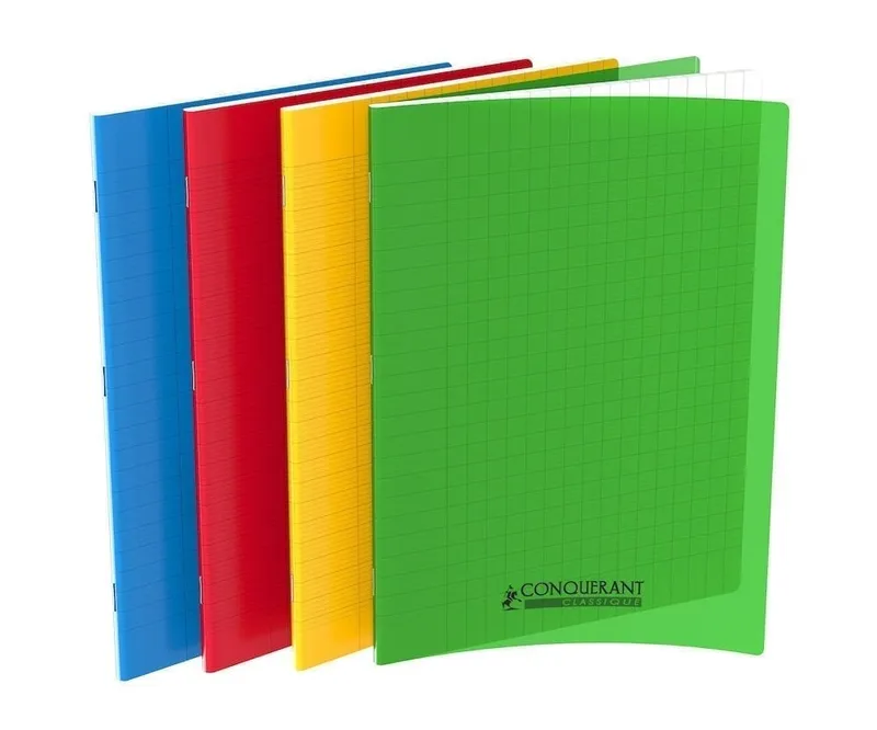 Cahier Conquérant 24×32 cm, 96 pages Seyès 90 g, polypro couleurs assorties