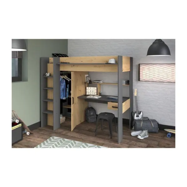 Lit combiné 90×200 cm avec armoire et bureau, Made in France