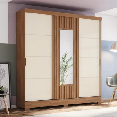 Armoire 2 portes coulissantes avec miroir – Coloris beige, structure bois – 200×48×215 cm – ARM-B376-127