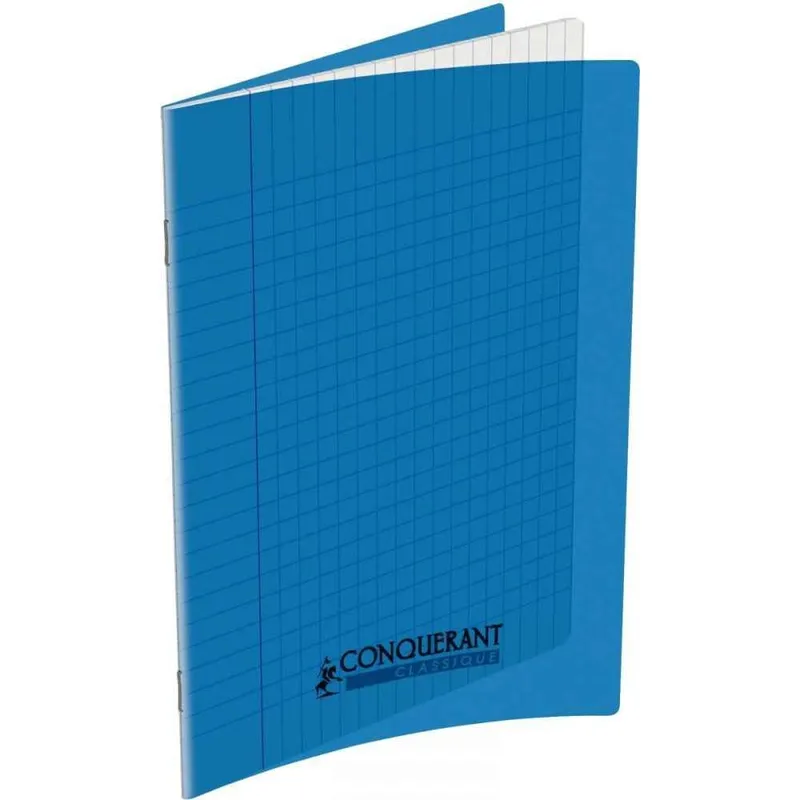 Cahier agrafé Conquérant 17×22 cm 140 pages Seyès 90g couverture polypro bleue