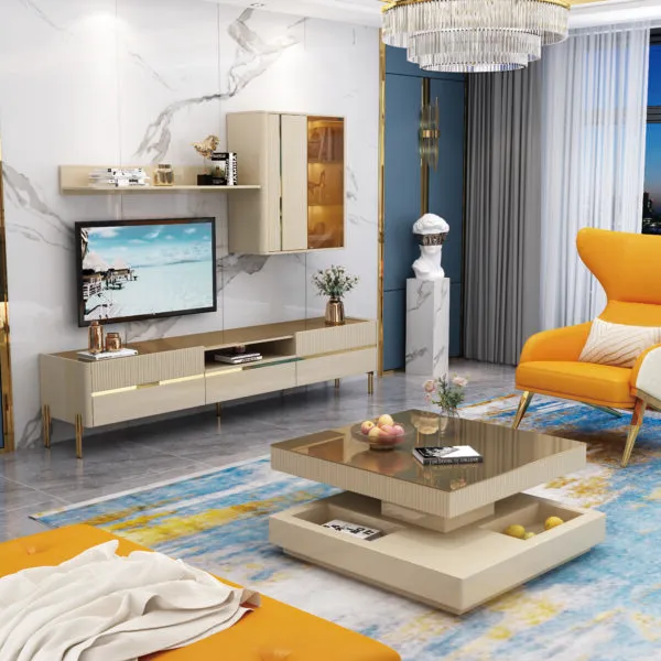 Meuble TV 200×40×45 cm beige doré