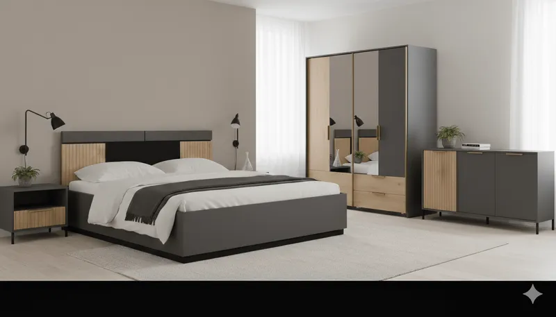 Chambre à coucher complète 160×200 cm – Lit coffre + table de chevet + buffet + armoire – Collection Asha – CHAMBRE-ASHA