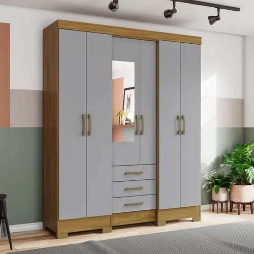Armoire 6 portes 3 tiroirs Briz – 163×200,5×46 cm – Gris