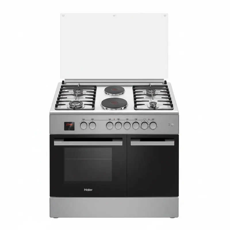 Gazinière mixte 4 feux gaz + 2 feux électriques avec four, rôtissoire et compartiment bouteille intégré