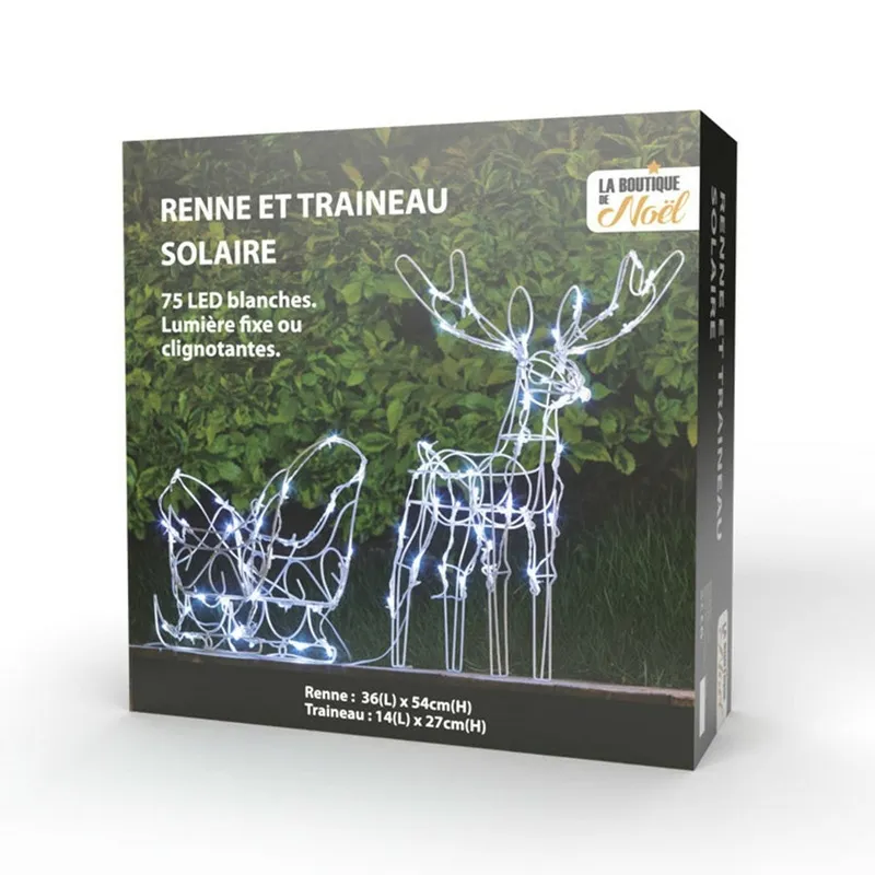 Décoration solaire renne et traîneau – figurine lumineuse pour extérieur