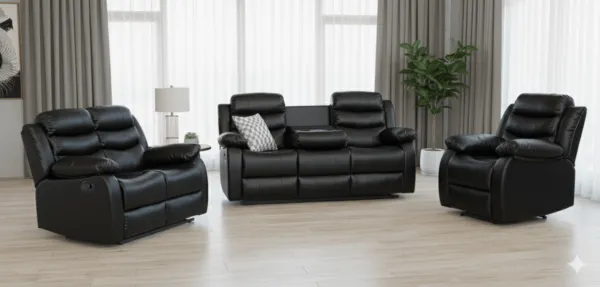 Salon relax 1+2+3 places PU noir, assises 88/139/190 cm