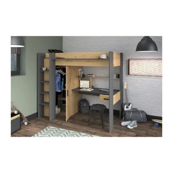 Lit combiné mezzanine enfant chêne/gris 90 × 200 cm