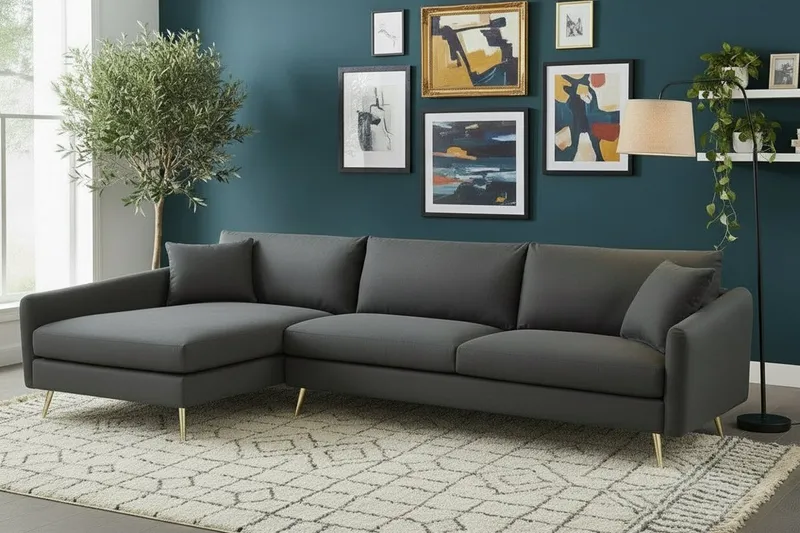 Canapé d&rsquo;angle gauche gris foncé/noir + 2 coussins 290x158x88