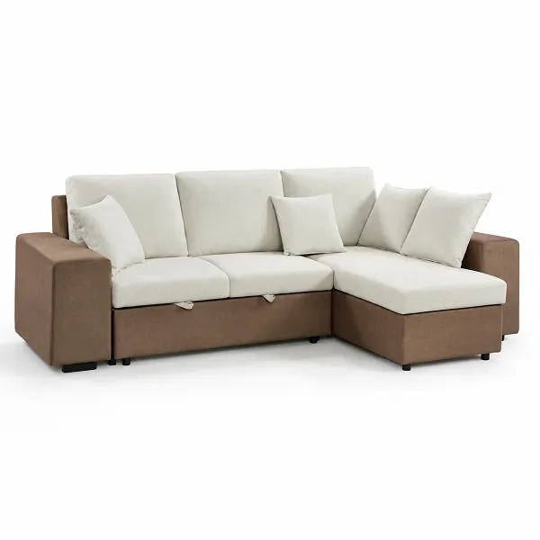 Canapé d'angle convertible avec coffre de rangement – Tissu épais beige/marron – 276×212×79 cm