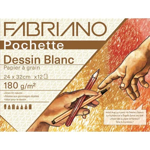 Papier dessin blanc 24×32 cm 180 g, pochette de 12 feuilles – Fabriano