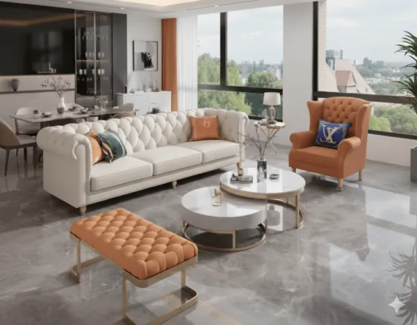Salon luxe canapé 3 places blanc + fauteuil orange, repose-pieds