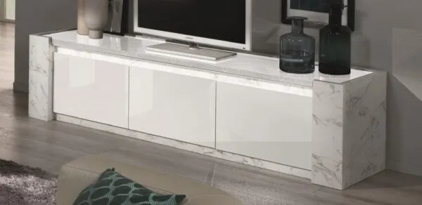 Meuble TV Vittoria blanc, plateau 195 cm