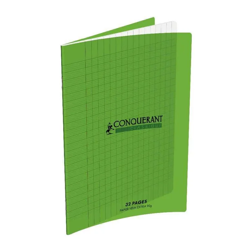 Cahier agrafé Conquérant 17×22 cm 48 pages Seyès 90g couverture polypro verte
