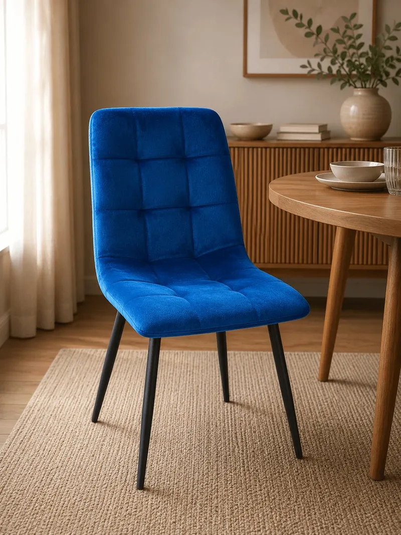 Chaise S51 bleue assise velours, pieds métal 87x48x45