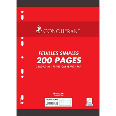 Feuilles perforées A4 200 pages 90 g petits carreaux 5 mm Conquérant 7
