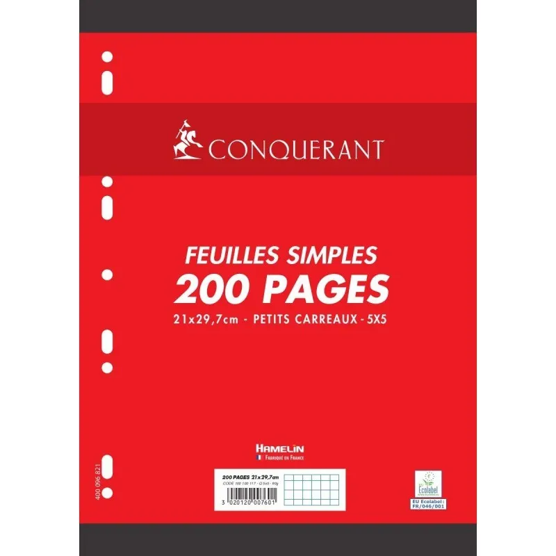 Feuilles perforées A4 200 pages 90 g petits carreaux 5 mm Conquérant 7