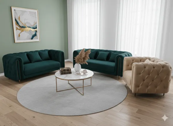 Ensemble salon 1+2+3 places, fauteuil beige et canapés verts