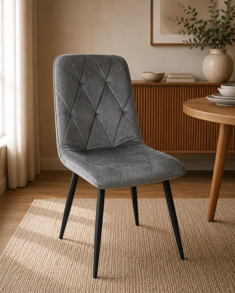 Chaise grise assise velours et pieds en fer – 87×48×45 cm
