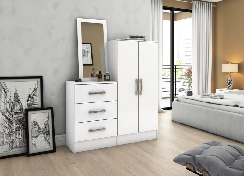 Coiffeuse armoire avec miroir 2 portes et 3 tiroirs en bois – 115×34×158 cm – ARM-B700-110