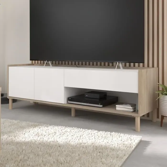 Meuble TV Morphos Blanc et Chêne – 150x40x47 cm
