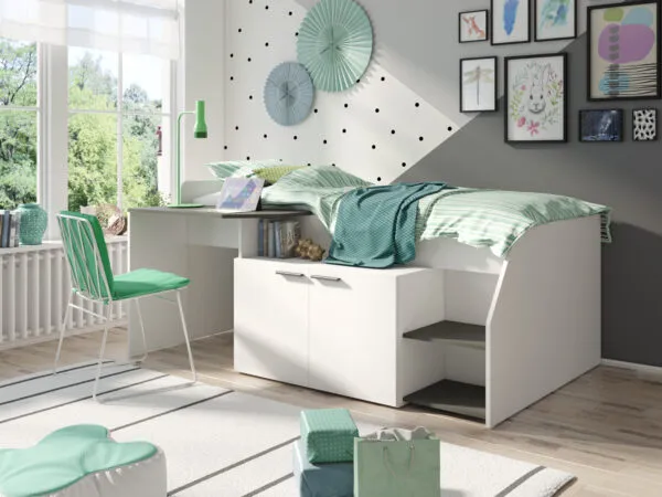 Lit blanc avec bureau intégré et rangements