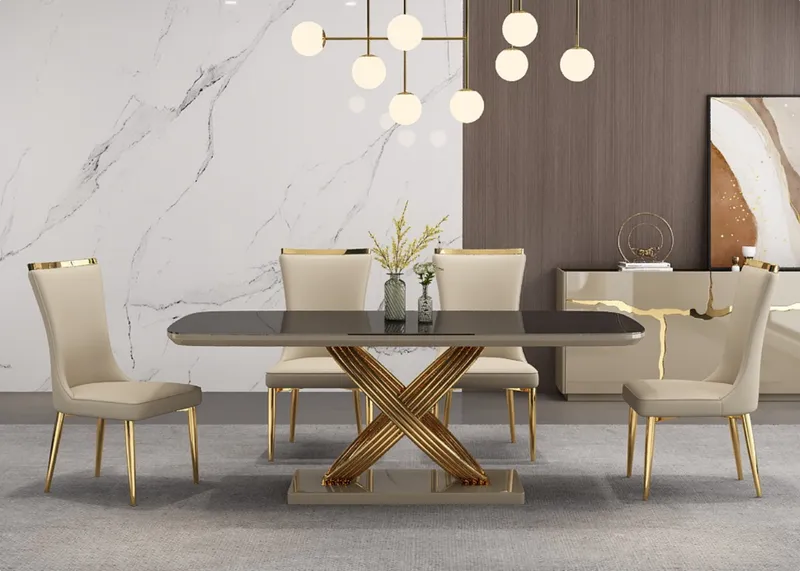 Table à manger beige et doré 200×100×75 cm avec 8 chaises