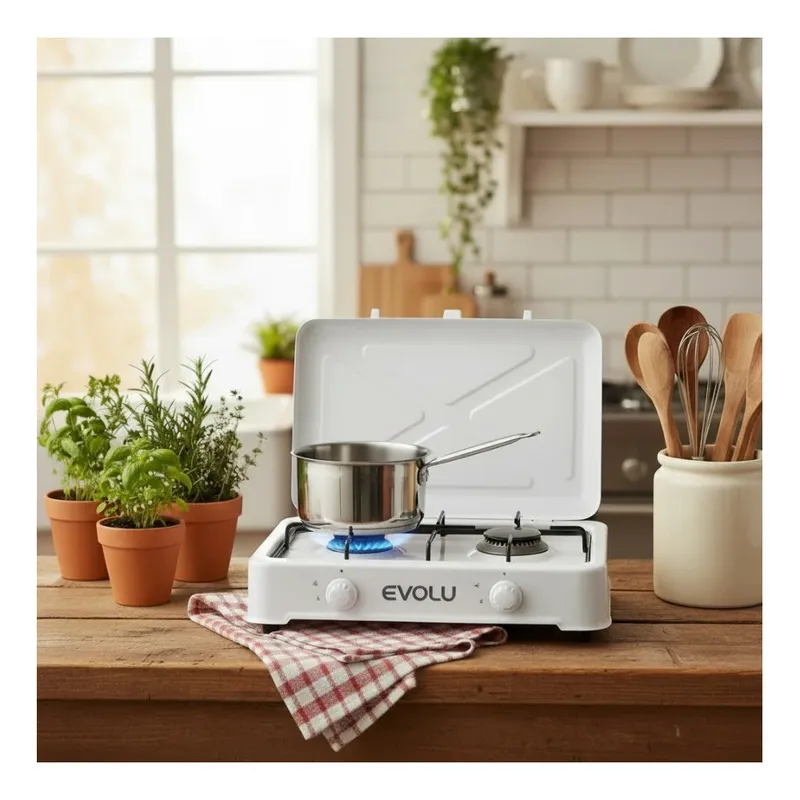 Réchaud à gaz Evolu 2 feux avec couvercle – Blanc