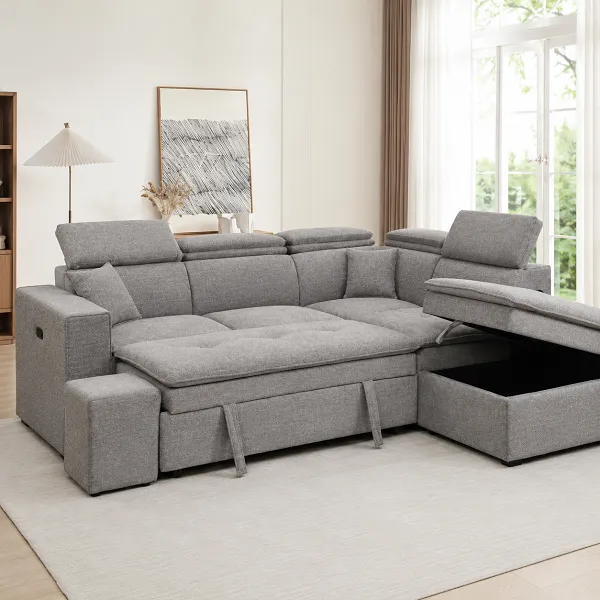 Canapé d'angle convertible en lit avec coffre de rangement, chargeur à induction et enceinte Bluetooth intégrée – coloris gris
