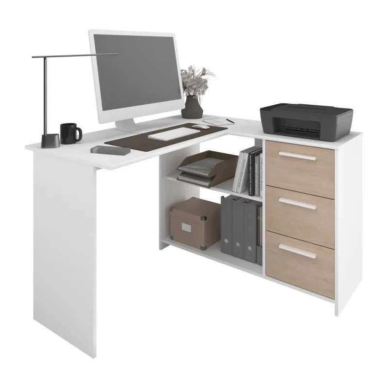 Bureau d'angle Essentiel 3 tiroirs bois et blanc