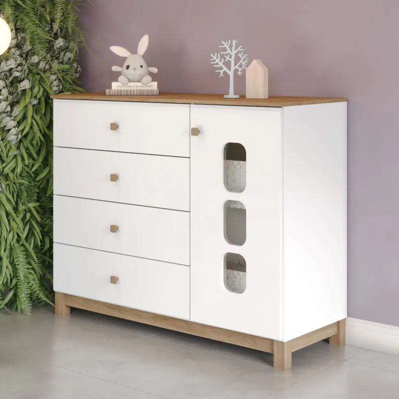 Commode 1 porte et 4 tiroirs coloris bois et blanc – 127 × 51 × 103 cm – COMM-I724-190