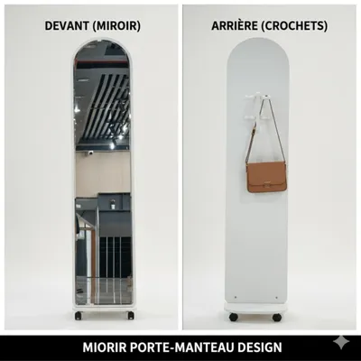 Miroir sur pied avec porte-manteau blanc à roulettes