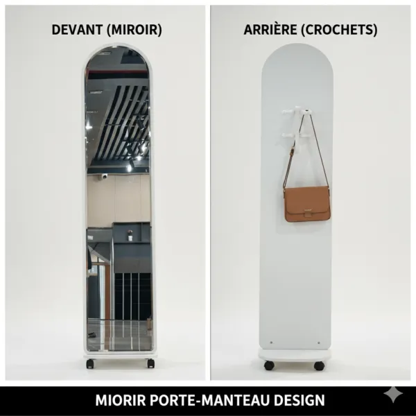 Miroir sur pied avec porte-manteau blanc à roulettes