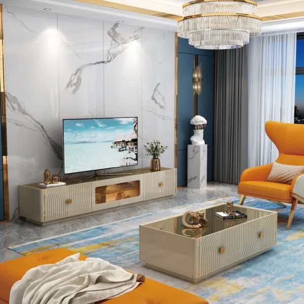 Meuble TV 200×40×45 cm beige doré