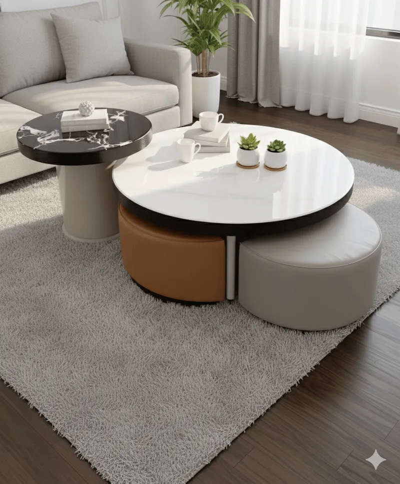 Table basse avec 4 tabourets – plateau 80×80 cm et tablette basse 50×50 cm