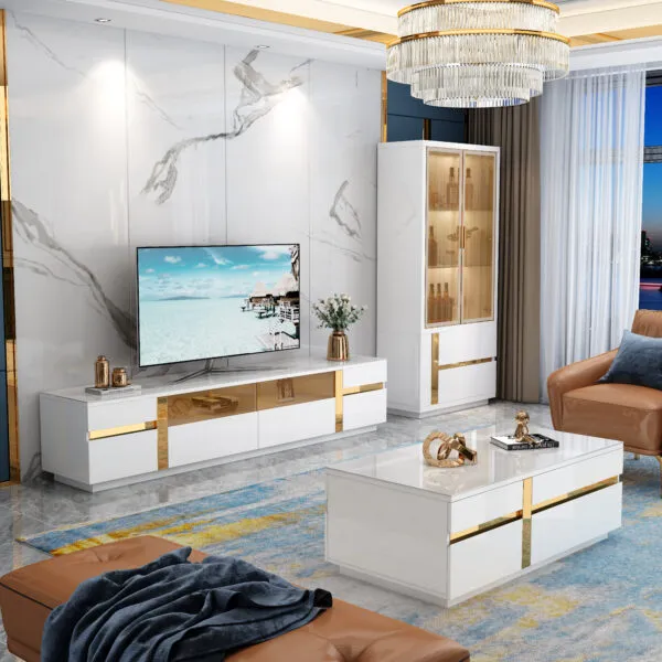 Meuble TV blanc et doré design épuré