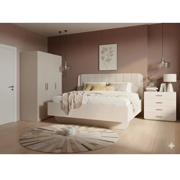 Chambre à coucher Lorenz beige 160×200 : lit, armoire 4 portes, commode, 2 chevets