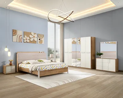 Chambre complète – lit 160 cm, 2 chevets, armoire 6 portes et 2 étagères – coloris beige et blanc