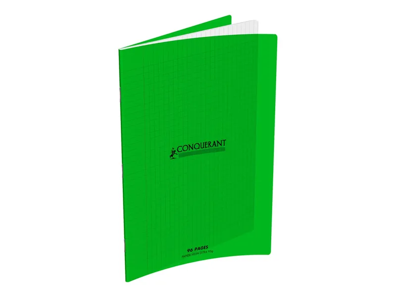 Cahier Conquérant 24×32 cm, 140 pages Seyès 90g, couverture polypro verte